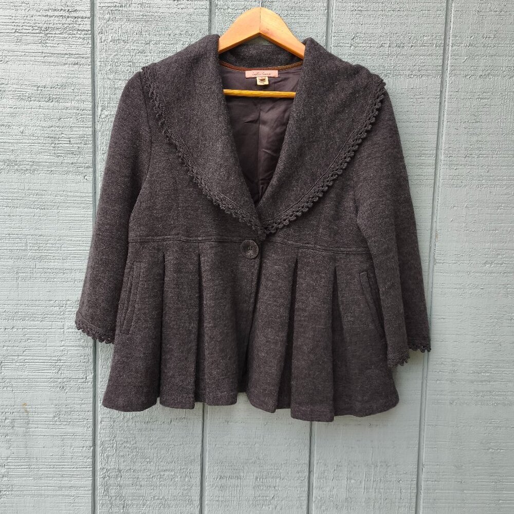 y2k Intuitions 100% Wool Pleated Babydoll Shawl Collar Wool Jacket sz S Gray